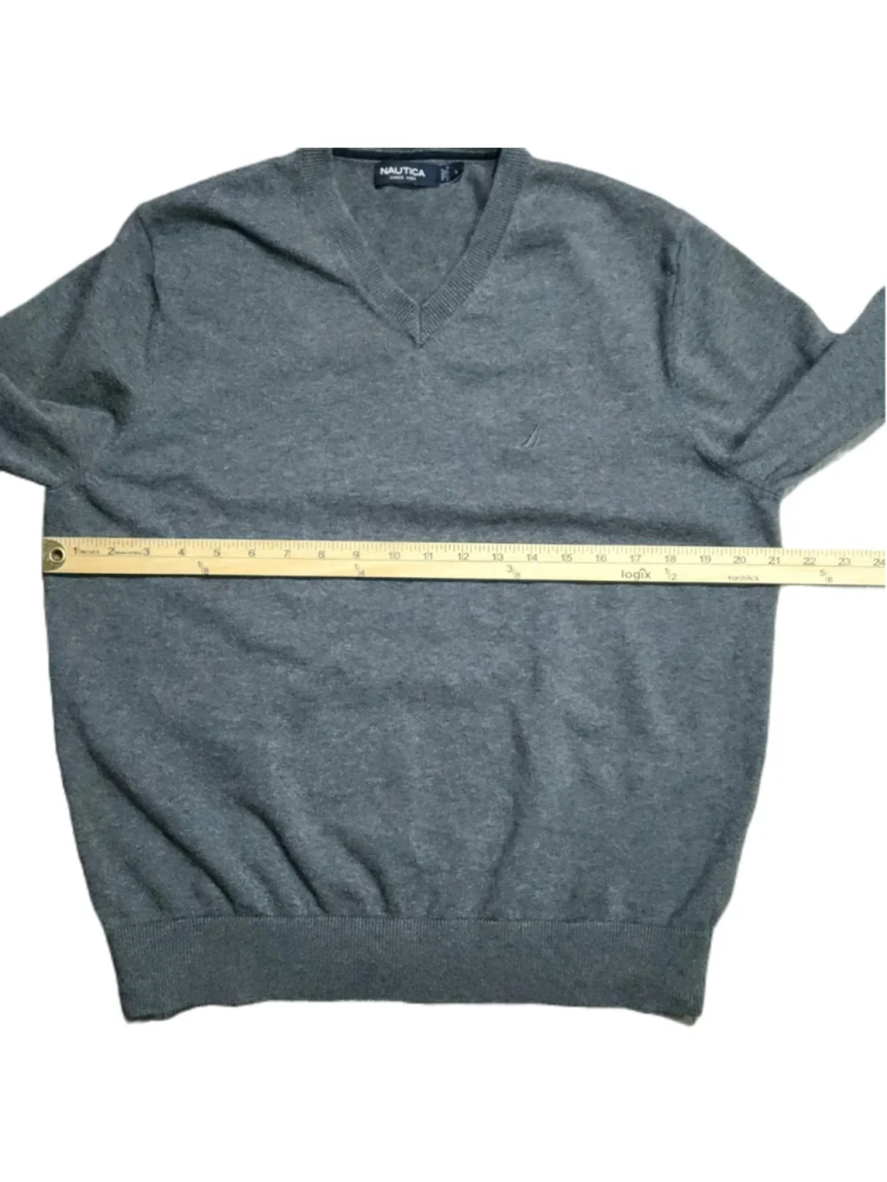 Nautica Mens Gray V Neck Long Sleeve Sweater Shirt Large